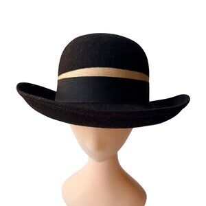 Vintage 50s - 60s Black Wool Derby Bowler Hat Ribbon Bow Tally Ho